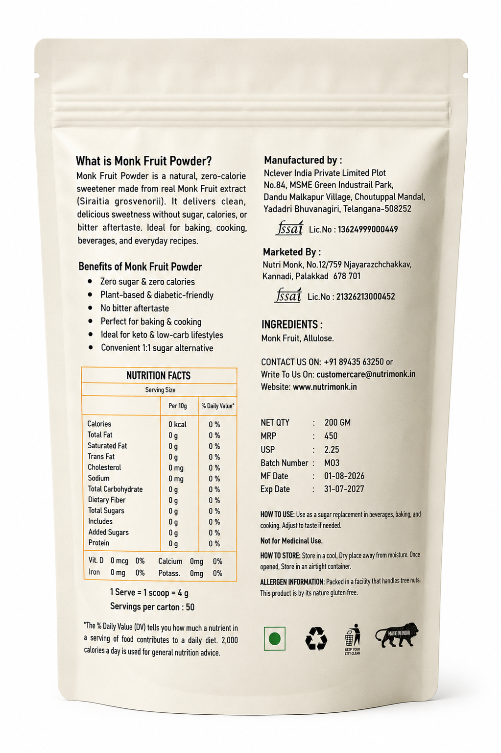 Nutri Monk Monk Fruit Sweetener Powder – Natural Zero Sugar Sweetener | 100g