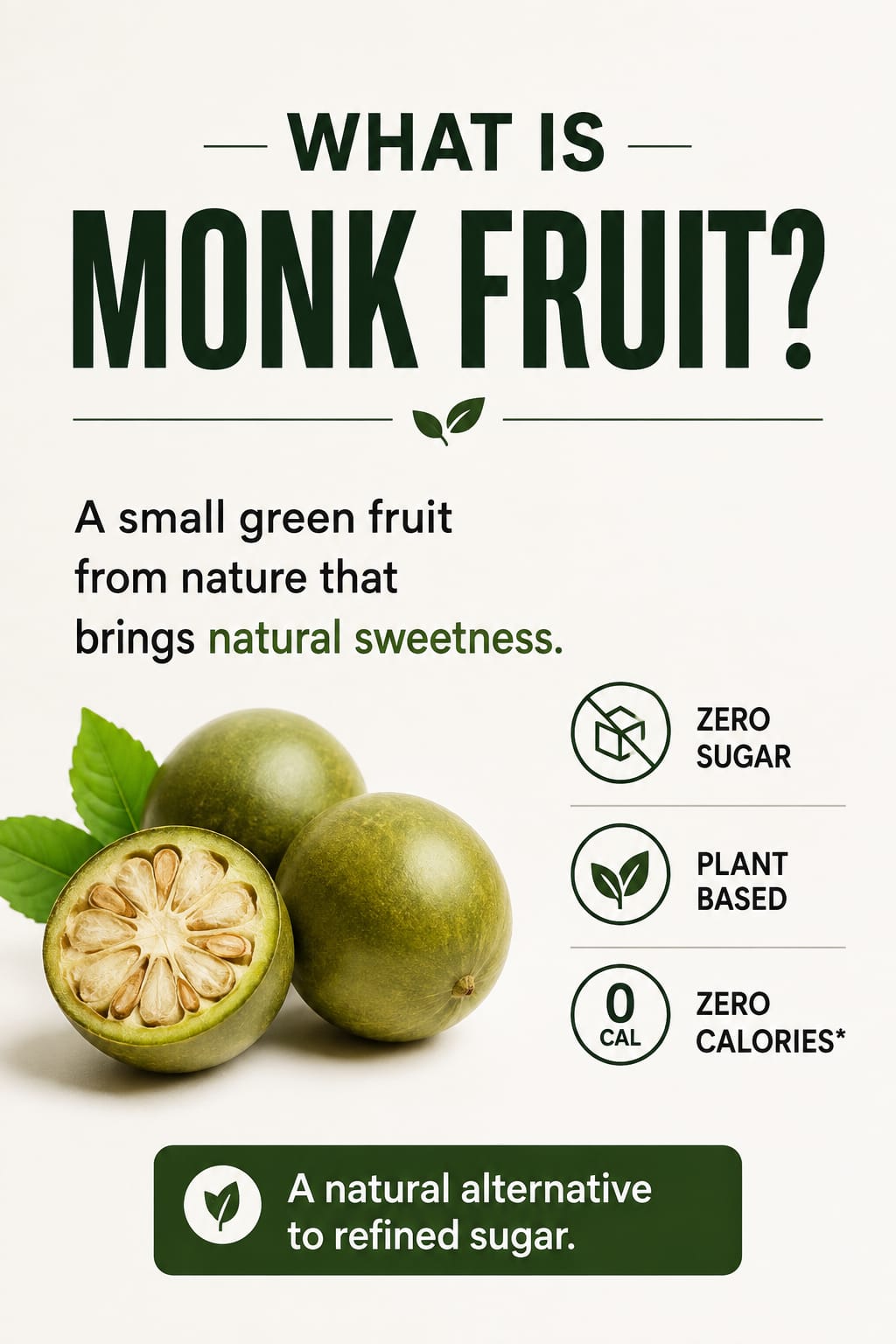 An informational product graphic about Monk Fruit. The text reads 'WHAT IS MONK FRUIT?' with a description of it as a small green fruit from nature.