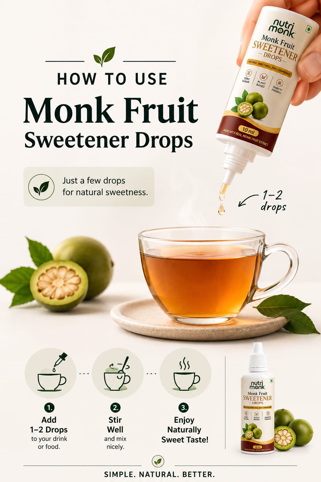 NutriMonk sweetener drops being added to a cup of tea.