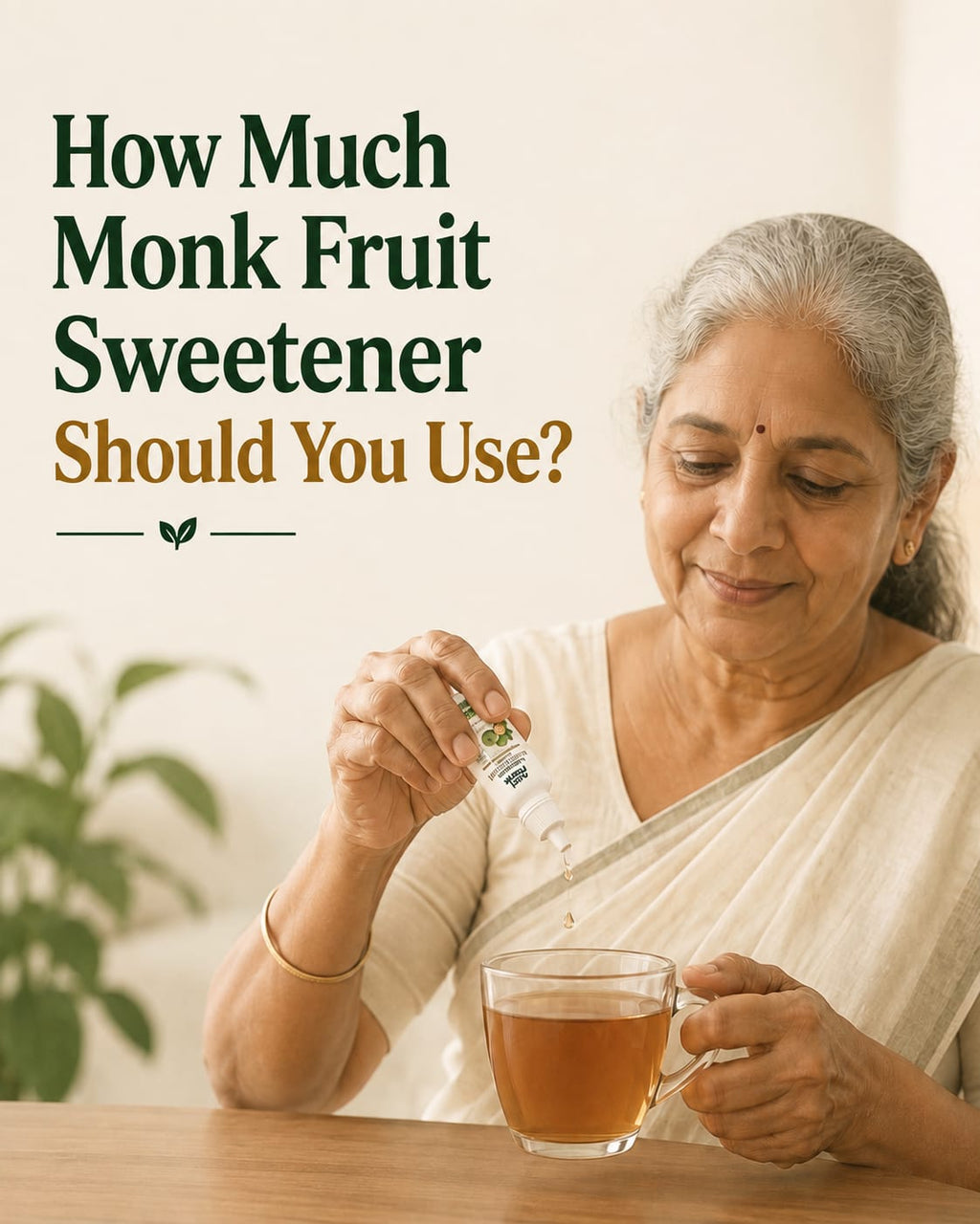 An older woman in a cream sari holds a glass cup of tea while administering a drop from a small bottle labeled Monk Fruit Sweetener. Large text on the left reads, 'How Much Monk Fruit Sweetener Should You Use?'.