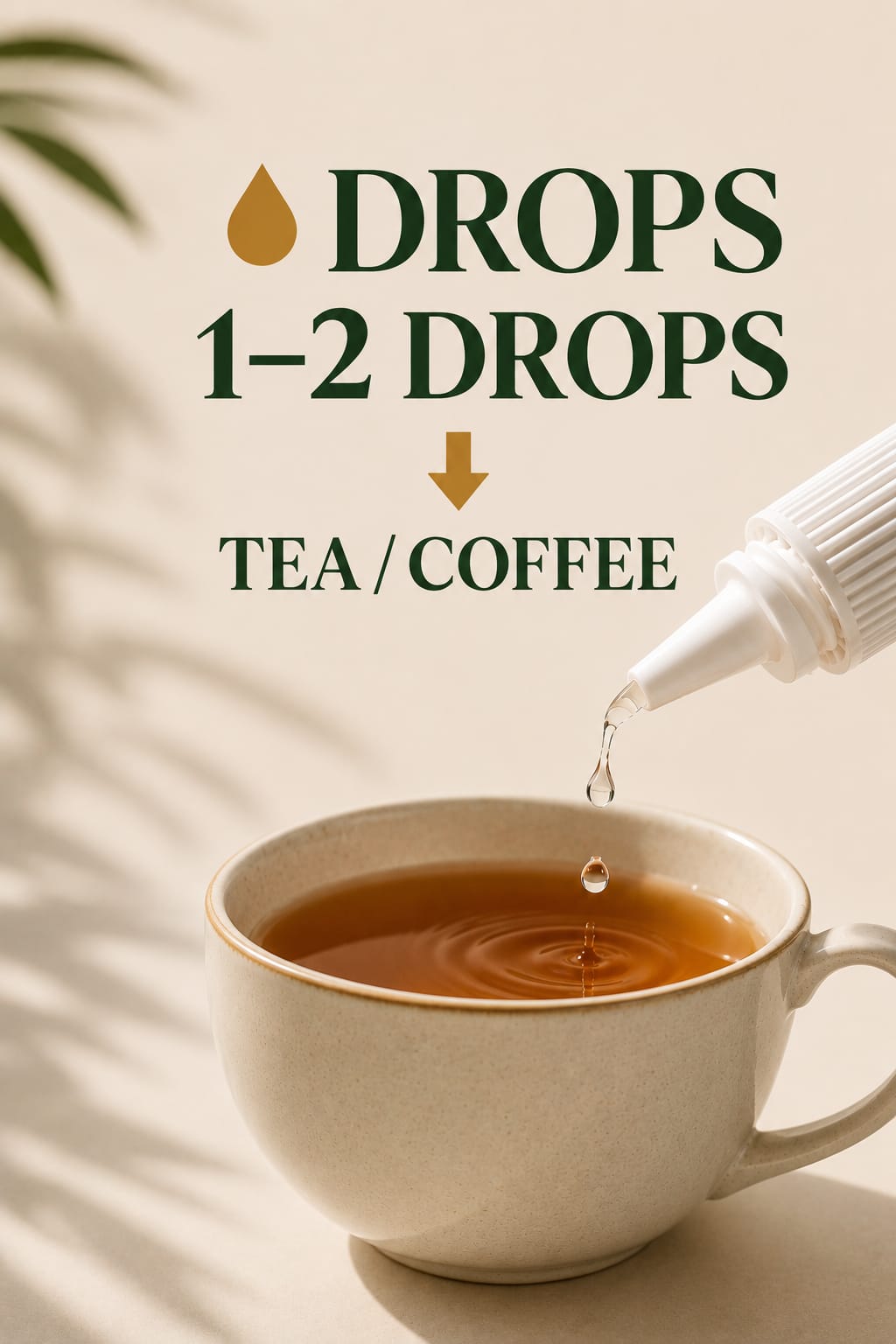 A beige ceramic cup of tea or coffee with a clear dropper above it, with text reading 'DROPS 1-2 DROPS' and 'TEA/COFFEE' on a warm cream background.