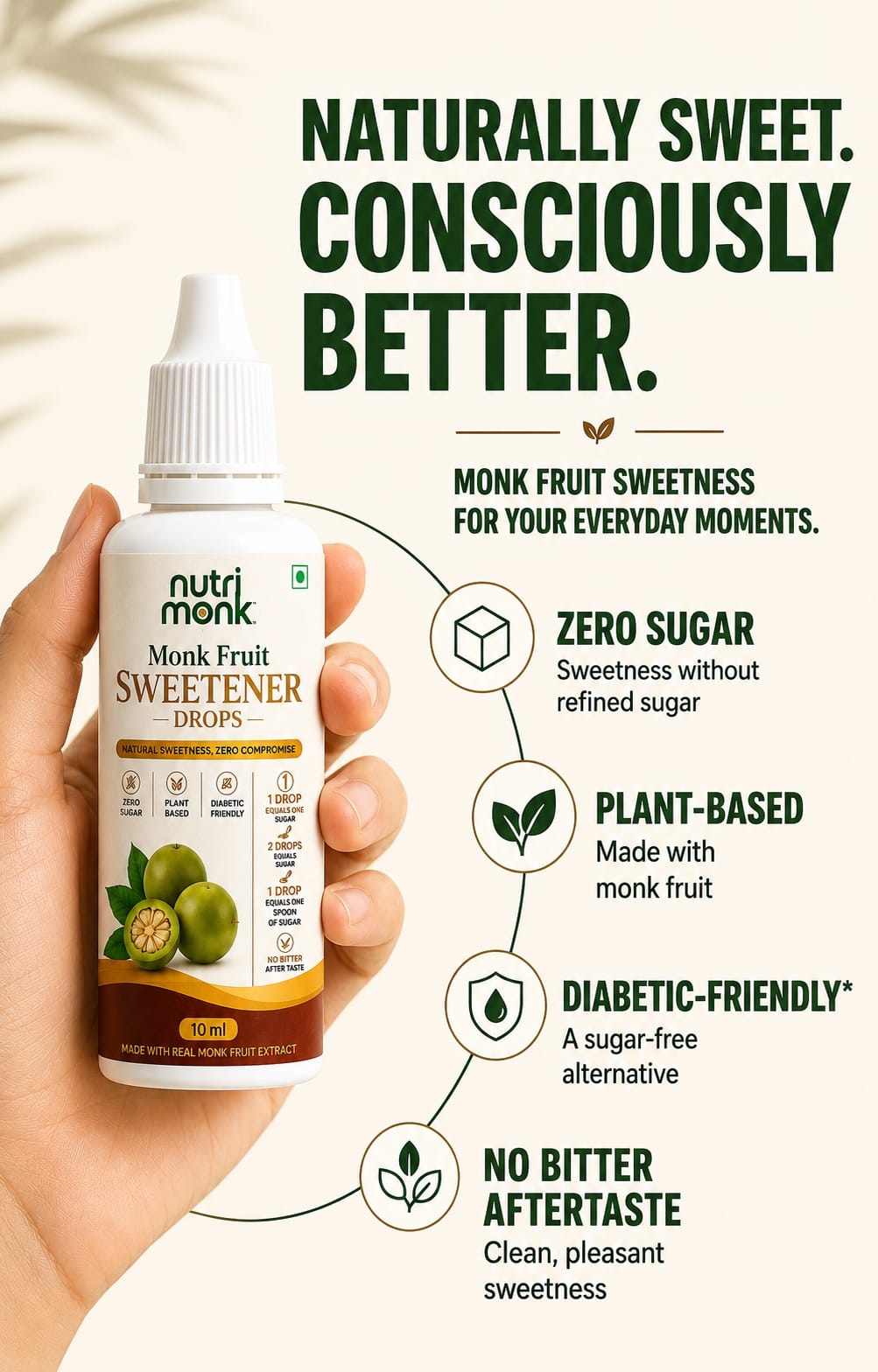 A hand holds a bottle of Nutri Monk Monk Fruit Sweetener Drops against a light beige background with promotional text and icons highlighting zero sugar, plant-based, diabetic-friendly, and pleasant aftertaste features.