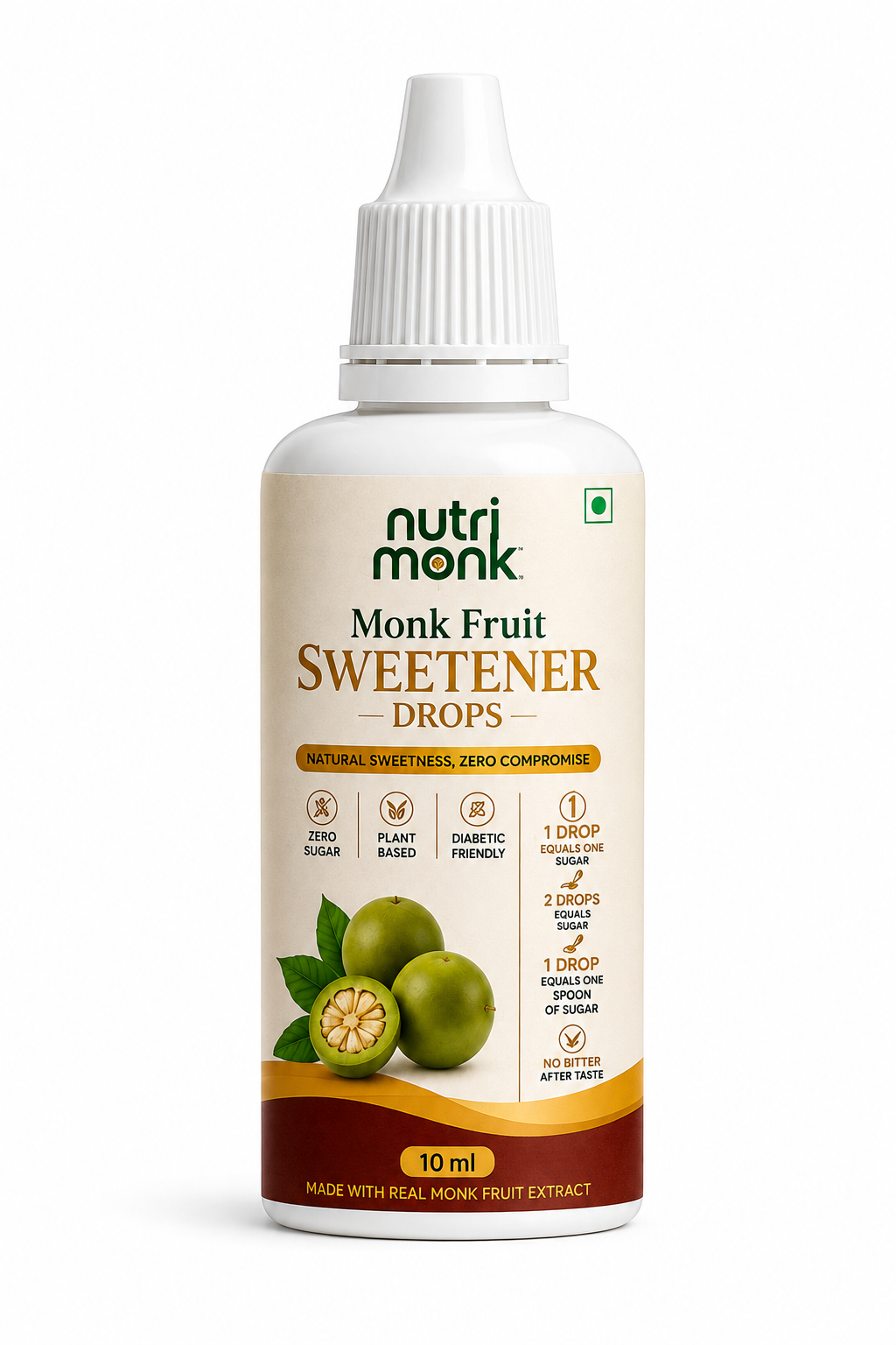 A 10 ml bottle of Nutri Monk Monk Fruit Sweetener Drops on a clean white background. The bottle is white with a white cap, featuring a cream-colored label with green and brown text and illustrations of green monk fruit.