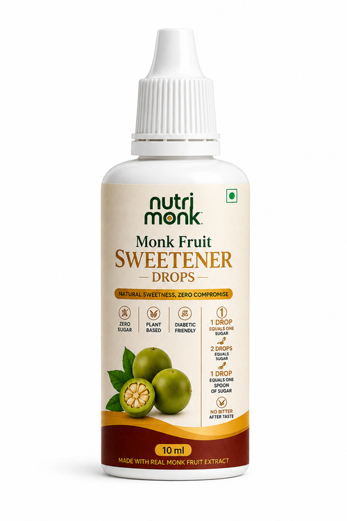 A 10 ml bottle of Nutri Monk Monk Fruit Sweetener Drops on a clean white background. The bottle is white with a white cap, featuring a cream-colored label with green and brown text and illustrations of green monk fruit.