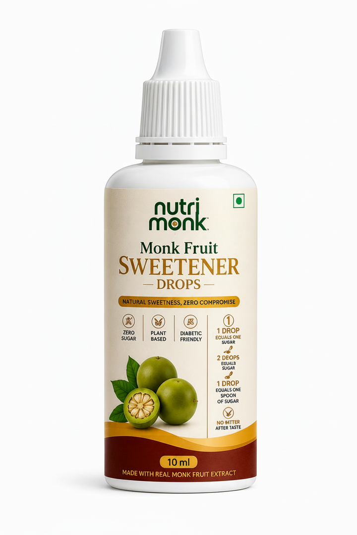 A 10 ml bottle of Nutri Monk Monk Fruit Sweetener Drops on a clean white background. The bottle is white with a white cap, featuring a cream-colored label with green and brown text and illustrations of green monk fruit.