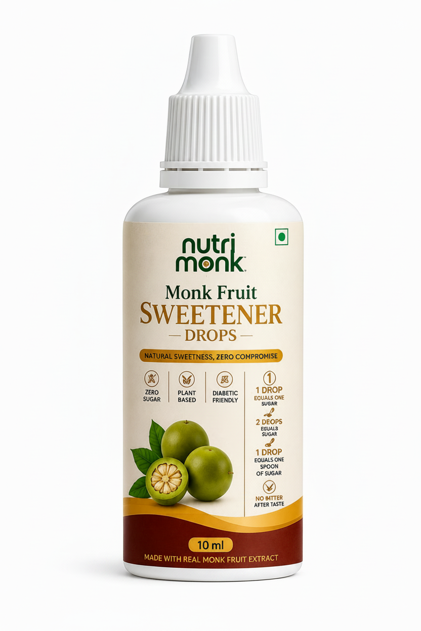 A 10 ml bottle of Nutri Monk Monk Fruit Sweetener Drops on a clean white background. The bottle is white with a white cap, featuring a cream-colored label with green and brown text and illustrations of green monk fruit.