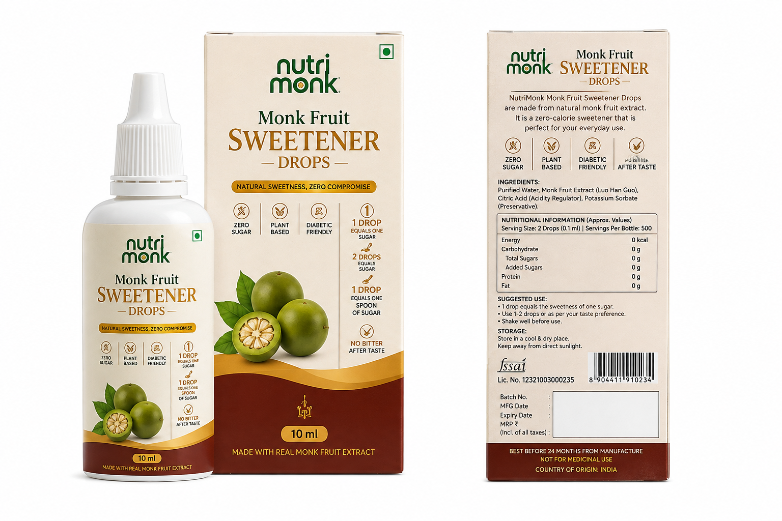 A 10 ml bottle of Nutri Monk Monk Fruit Sweetener Drops shown alongside its front and back packaging boxes on a plain white background.