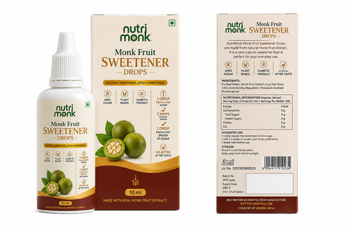 A 10 ml bottle of Nutri Monk Monk Fruit Sweetener Drops shown alongside its front and back packaging boxes on a plain white background.