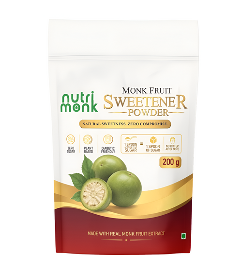 A 200 g stand-up pouch of Nutri Monk Monk Fruit Sweetener Powder, featuring green monk fruit illustrations on a white, gold, and dark red background.